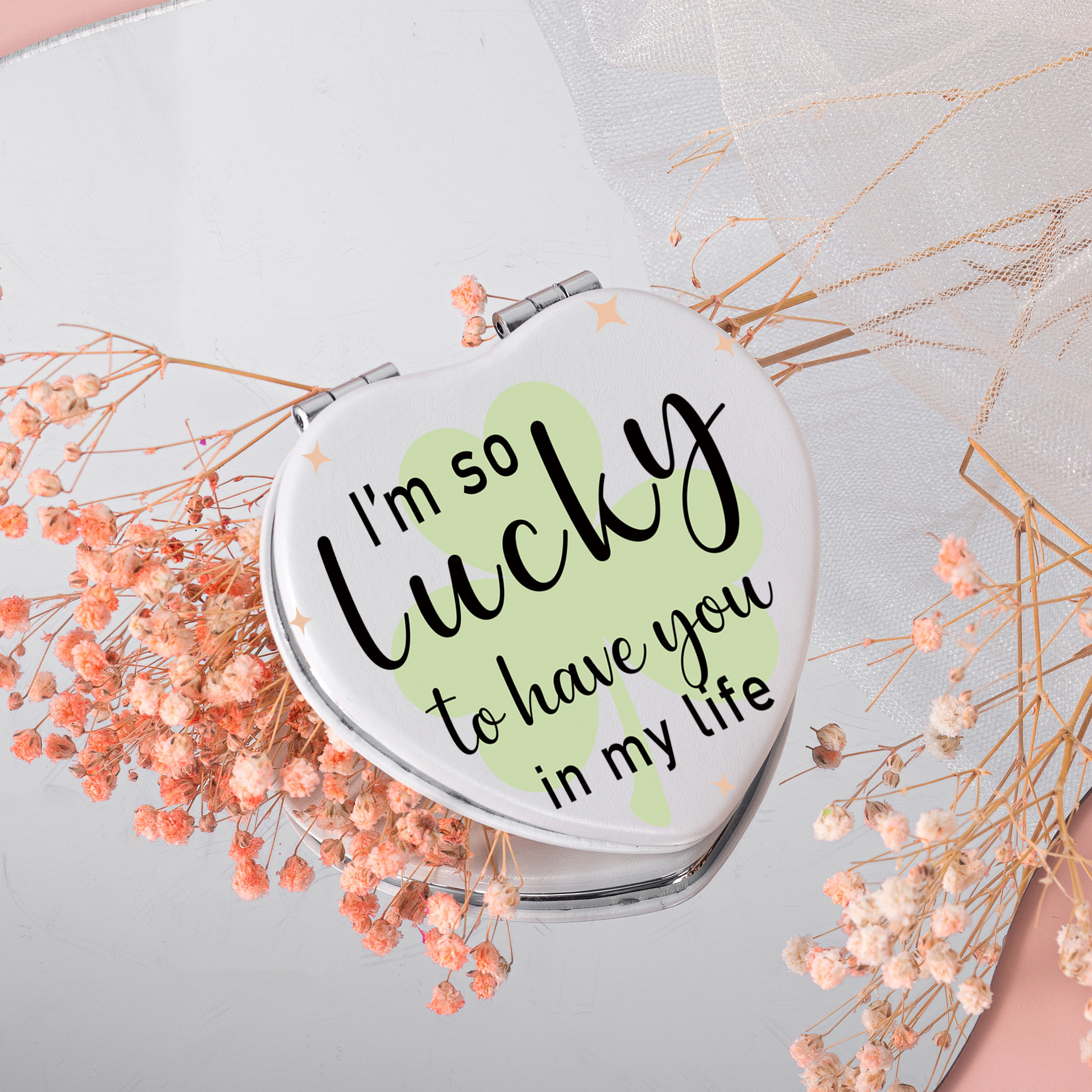 Espejo portátil con funda de PU en forma de corazón, estilo ins