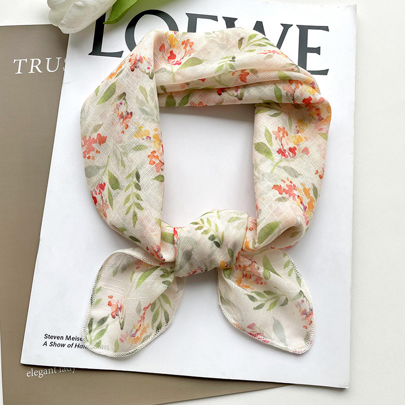 58 algodón y lino pequeña bufanda cuadrada estilo coreano de las mujeres fresco floral artístico elegante todo-fósforo decorativo pequeña bufanda banda de pelo bufanda