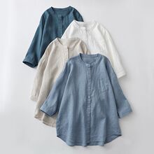 大码宽松日系棉麻衬衫女夏季新款纯色百搭休闲圆领五分袖衬衣