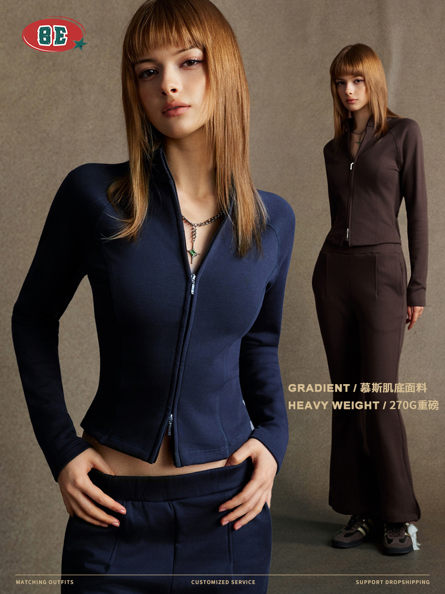 Ropa de mujer BE | Cárdigan de Manga Larga para Mujer, Estilo Europeo y Americano, Retro, Cuello Alto, Cierre de Cremallera, Estilo Lulu, Textura Mousse, Entallado, Otoño 2025 image 5