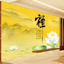 禅意荷花背景墙纸荷叶游鱼风景壁画新中式办公室茶室佛堂壁纸墙布