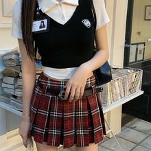 绿色伴侣夏季美式学院风女高校供辣妹假两件马甲上衣格子百褶短裙