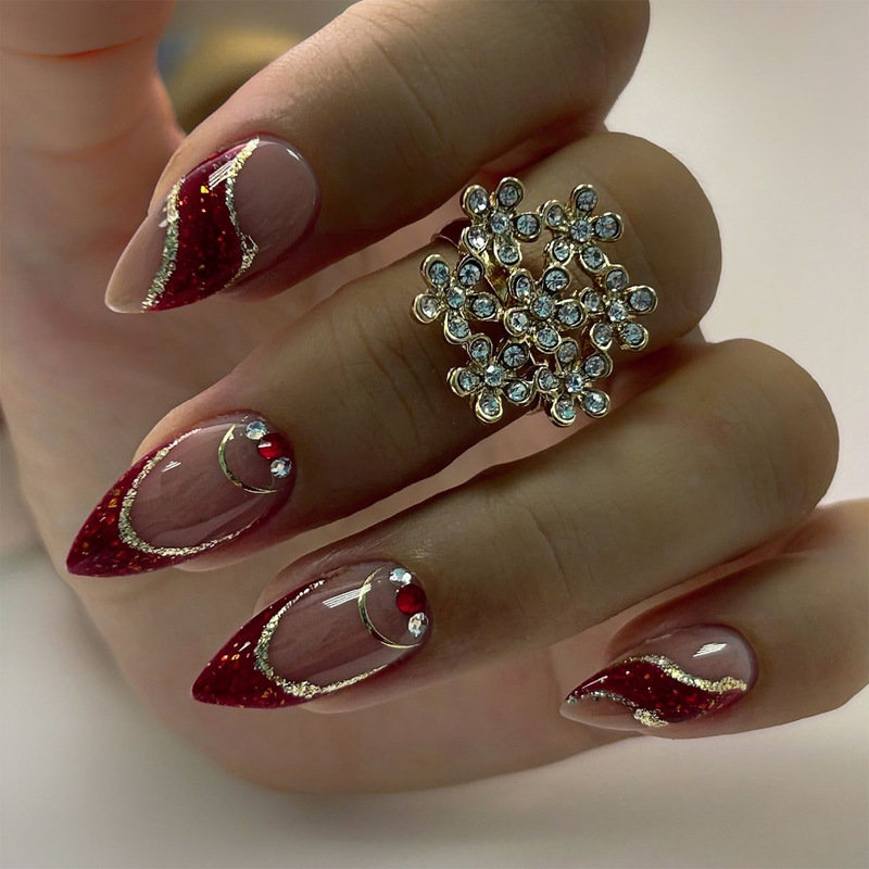 Autumn and winter new French red glitter sequins nail art fake nails wholesale short almond drill wear nail