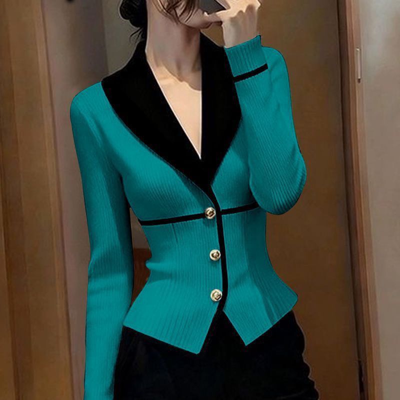 Chanel-Style V-Neck Knitted Sweater Cardigan Jacket for Women, New Spring and Autumn Fashion Color-Blocking Waist-Cinching Base Top