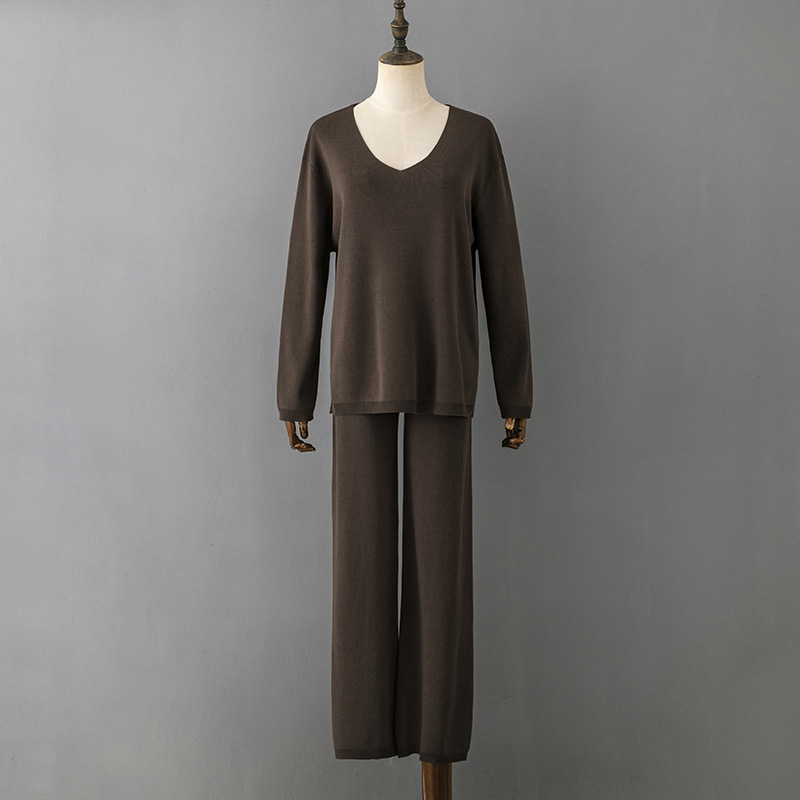Solid Color V neck Ice Silk Suit Spring Autumn Loose High Waist Casual Two Piece Sweater