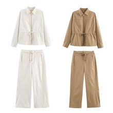 欧美外贸批发2025秋冬新款女装两色翻领腰身口袋饰外套裤套装女