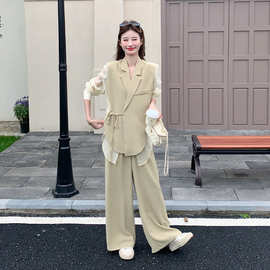 小香风拼接西装衬衫阔腿裤套装2026新款女春夏轻熟小众高知一整套