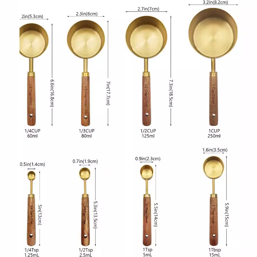 Acacia dorada mango de madera de acero inoxidable taza de medición cuchara de medición 8 piezas con escala de medición de herramientas de horneado de cocina dulces