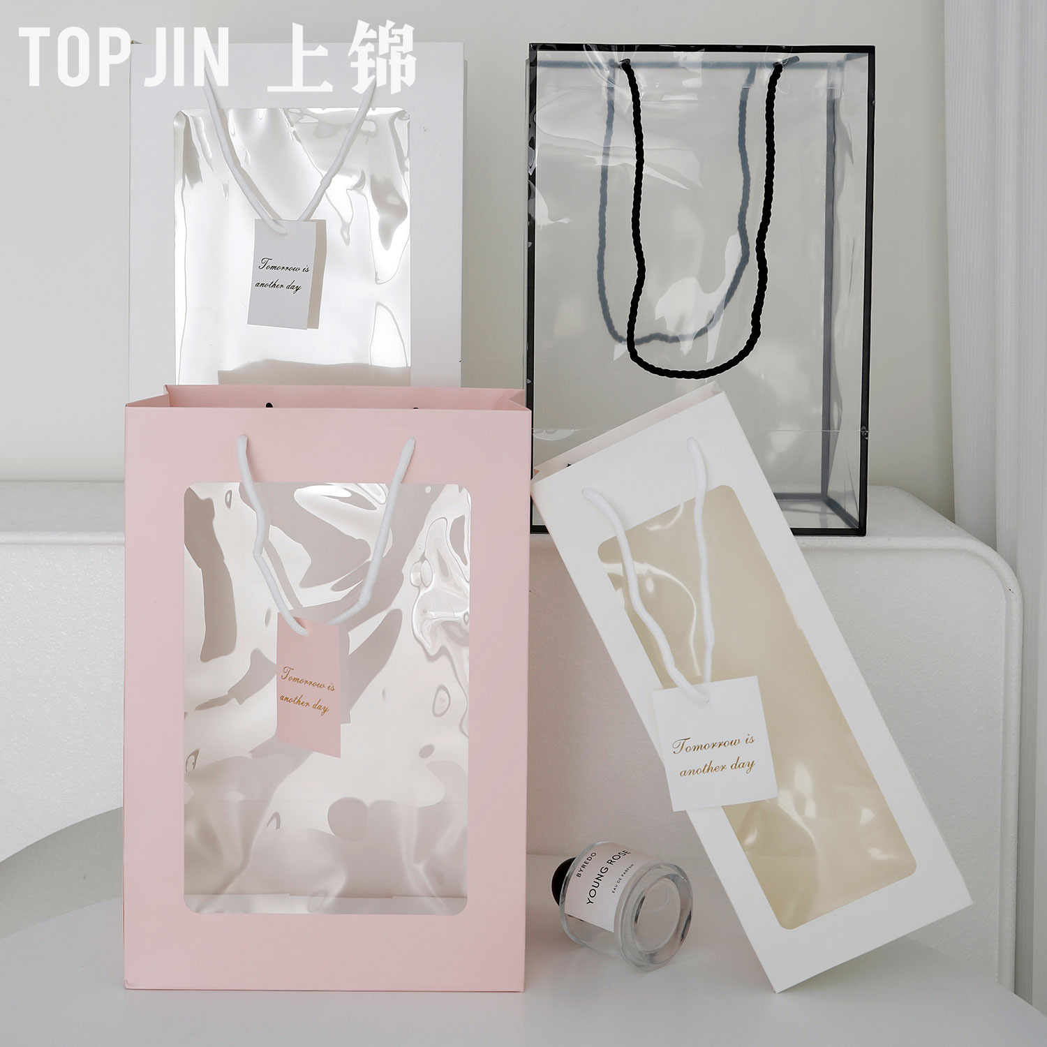 透明橱窗手提袋花漾边框PVC防尘可视手拎袋花艺鲜花礼品手提盒