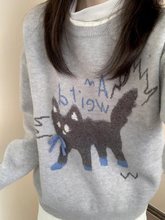 韩系慵懒风毛衣小猫提花套头针织衫软糯灰色可爱秋冬季女内搭上衣