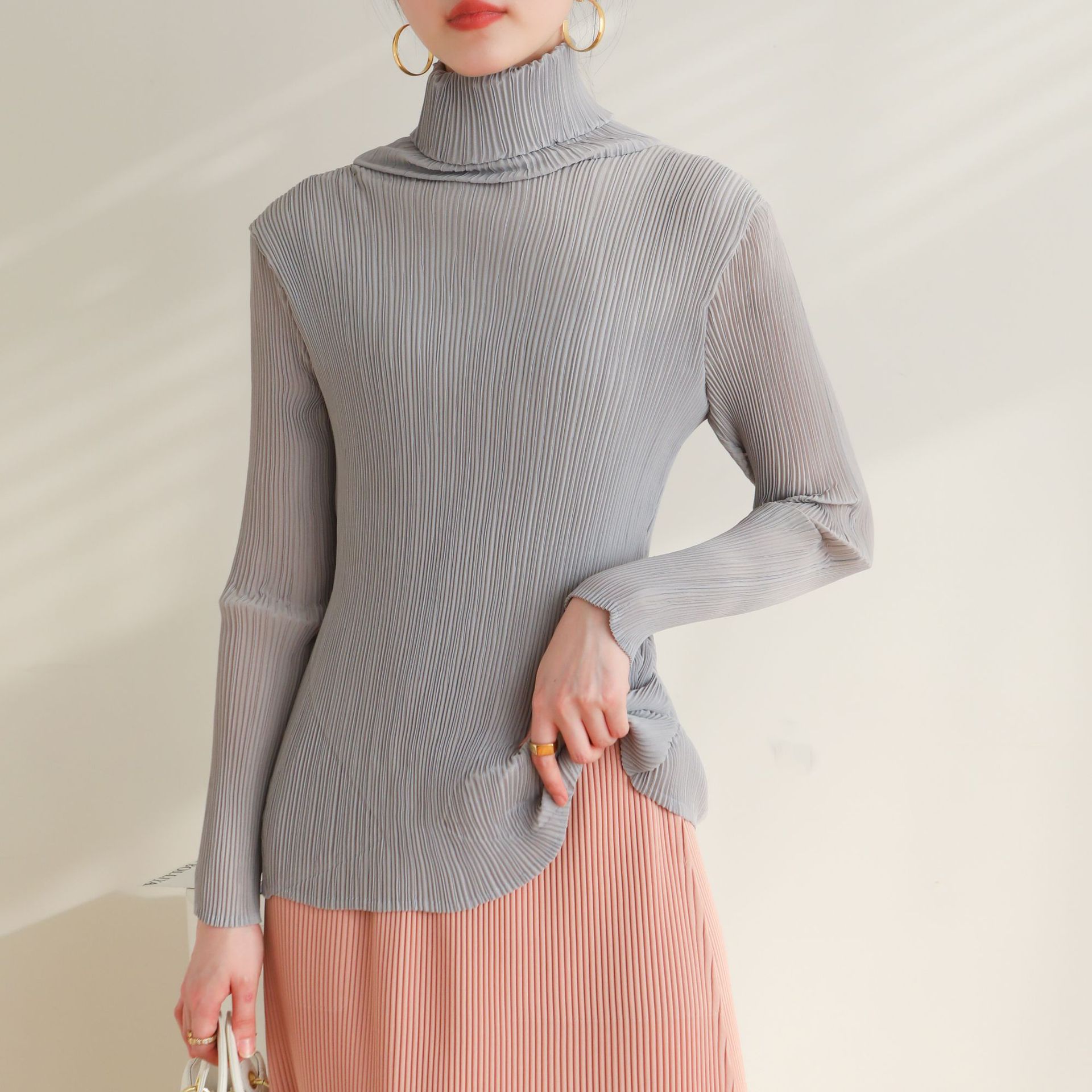 Department store quality 2024 Autumn/Winter/Spring collection high-end pleated ultra-soft double-layer fabric high elasticity elegant slim-fit base layer top