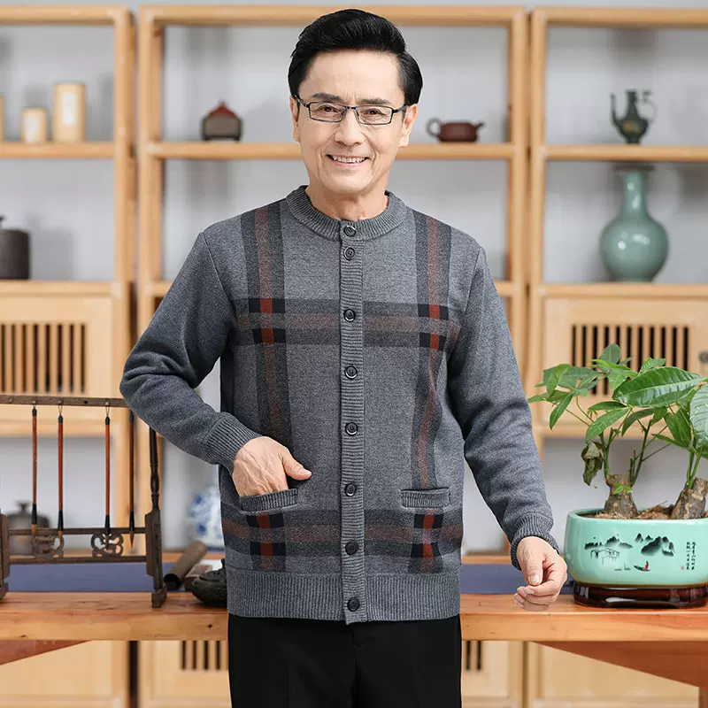 中老年爸爸含羊毛毛衣开衫男士秋冬加绒外套中老年人针织衫上衣男