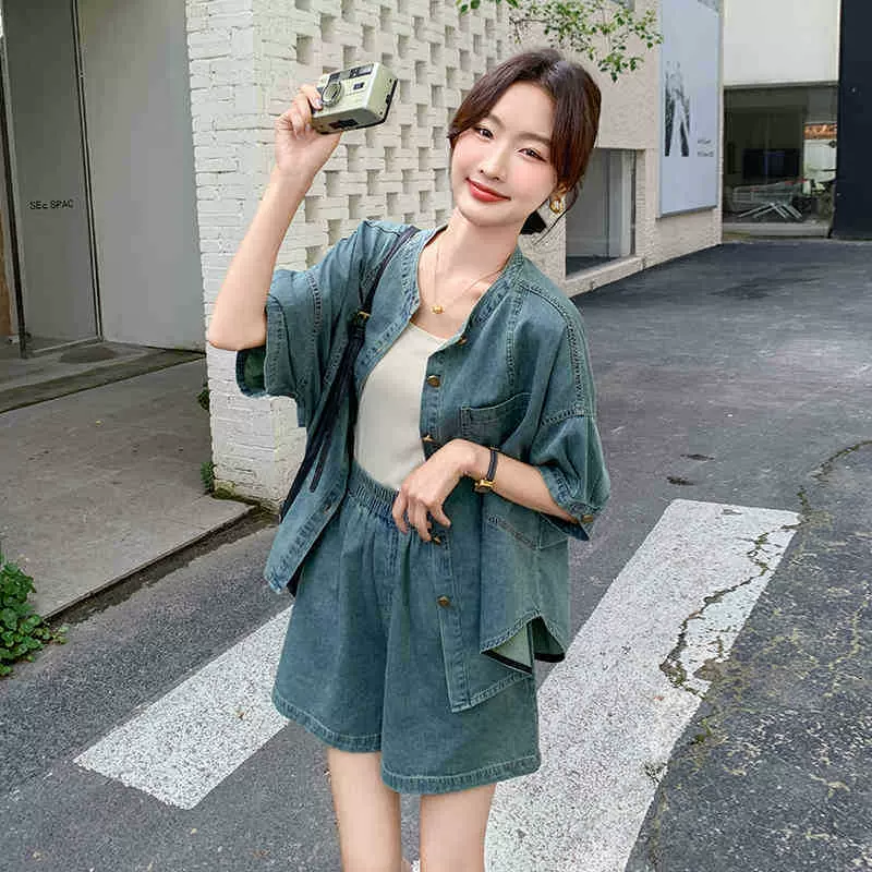 盐系甜酷炸街小众短裤套装女夏牛仔两件套小个子网红时髦微盘显瘦