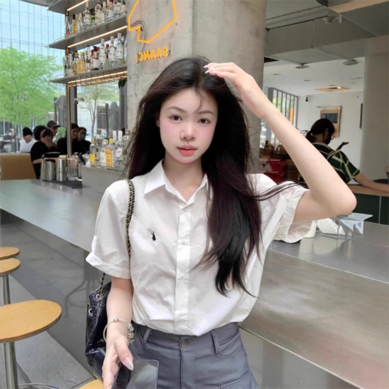 Bunny Embroidered POLO Collar White Short-sleeved Shirt Women's Summer Niche Cardigan Shirt Loose Casual Top