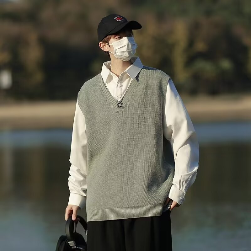 College Style Knitted Shirt Men's Long-Sleeved Splicing Fake Two-Piece Sweater Vest Loose Trendy Japanese Style Inner Shirt