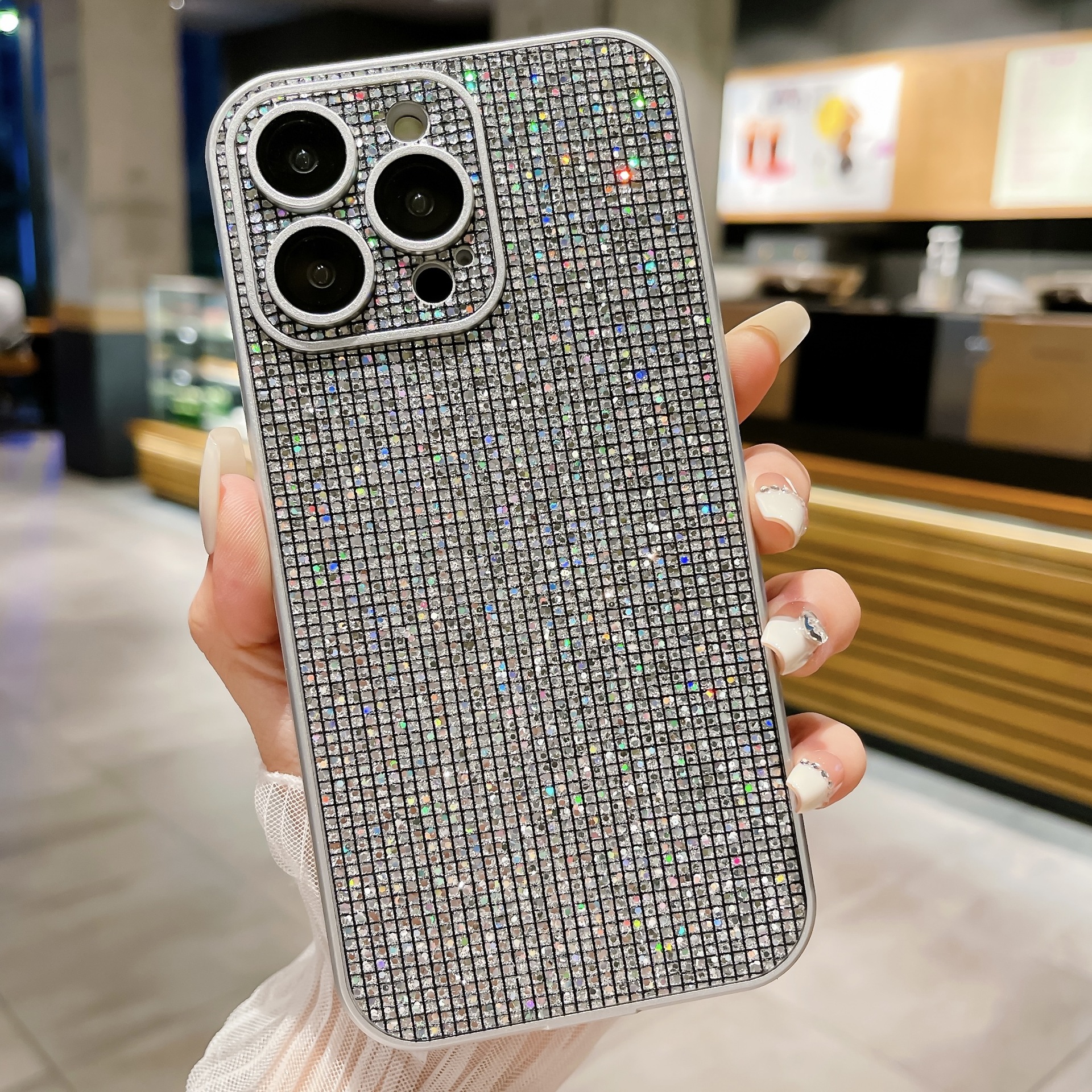 Adatto per la custodia glitterata per iPhone 15 PRO, custodia per telefono con diamante con bordo laterale in pellicola per obiettivo Apple 14_voghion.com