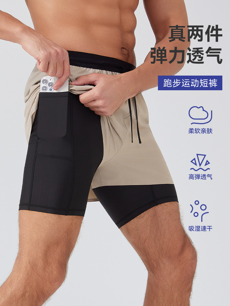 Pantalones deportivos de hombre para correr, pantalones cortos de maratón de doble capa al aire libre, forro de secado rápido, pantalones de baloncesto elásticos resistentes a la luz