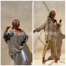 2023秋冬欧美亚马逊eBay跨境新款女装时尚V领宽松纯色针织毛衣
