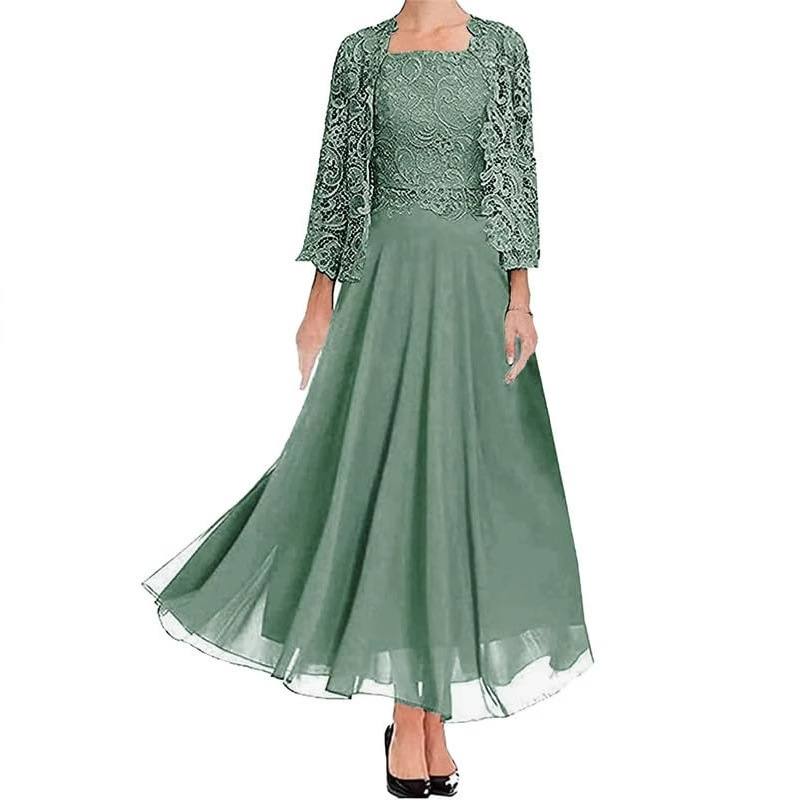 Amazon's New Cross-Border Foreign Trade European and American Evening Dress Fashion Two-Piece Set with Lace Cardigan and Chiffon Long Skirt with a High-End Feel