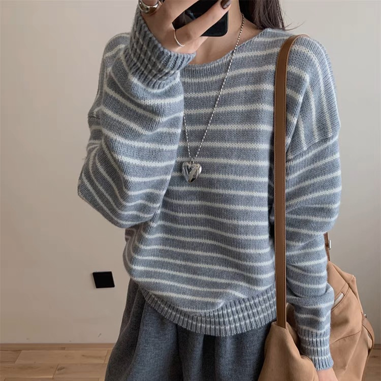 South Korea's Dongdaemun 2025 New Autum Korean Style Personalized Stripesd Knitted Casual Lazy Style Slimming Look Sweater