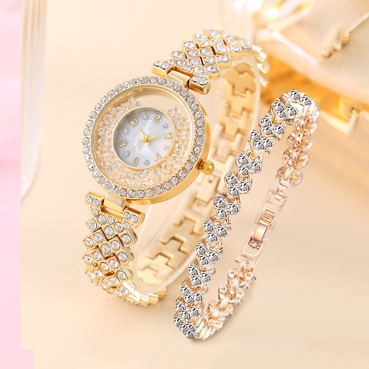 Fashion quicksand ball rhinestone Women's Watch Diamond Steel Belt bracelet digital dial light luxury watch_voghion.com