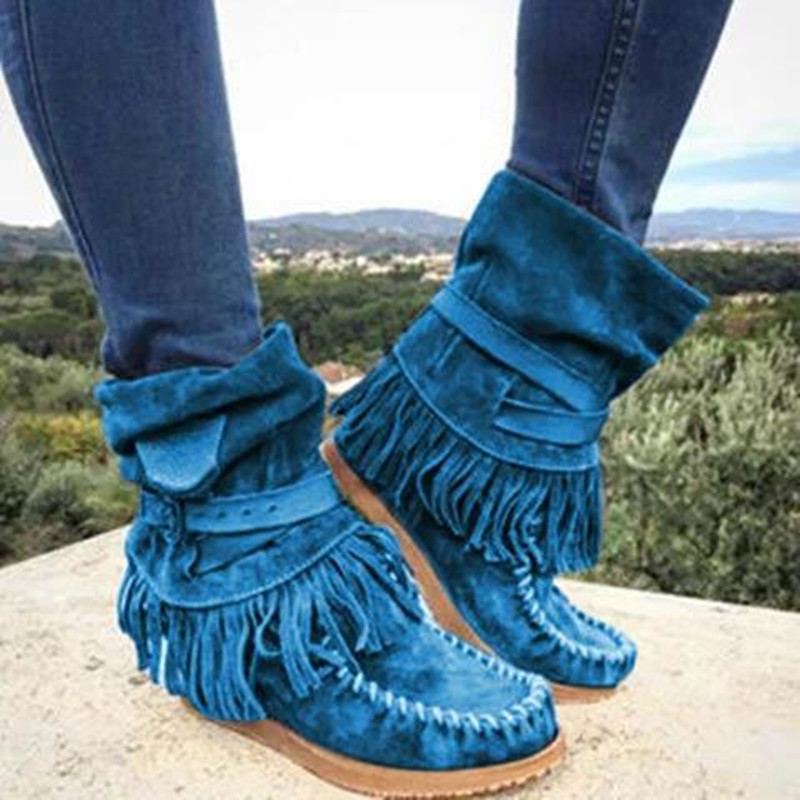 Winter Women's Mid Calf Boots Size 43 Plus In Stock European American Style Flat Belt Buckle Tassel Shoe_voghion.com