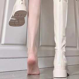米白色韩版长筒靴2023秋冬瘦瘦靴内增高厚底高筒靴小个子骑行靴女