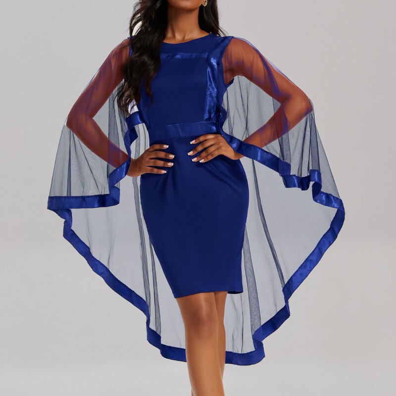 Solid Color Long Sleeve Dress European and American Dress Office Dress Women's Dress Mesh Dress Amazon Dress Foreign Trade Cape Dress