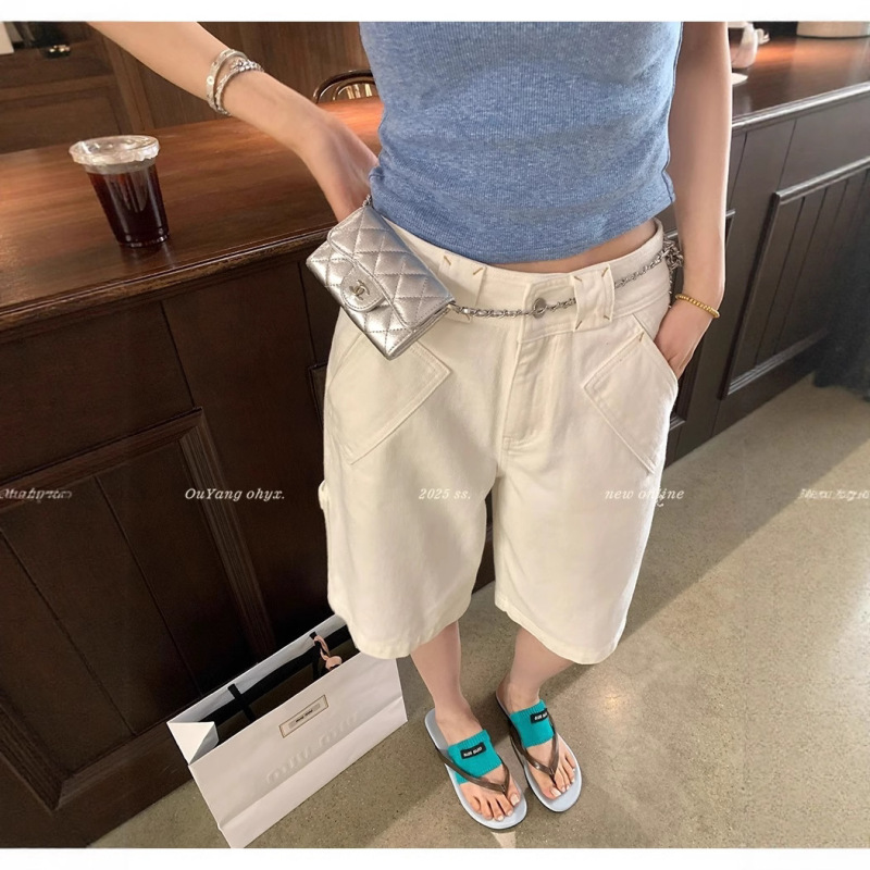 Ouyang コントラストカラーデニムショートパンツ女性の夏薄いルーズストレート 5 分パンツハイウエストスリムレトロパンツ|undefined