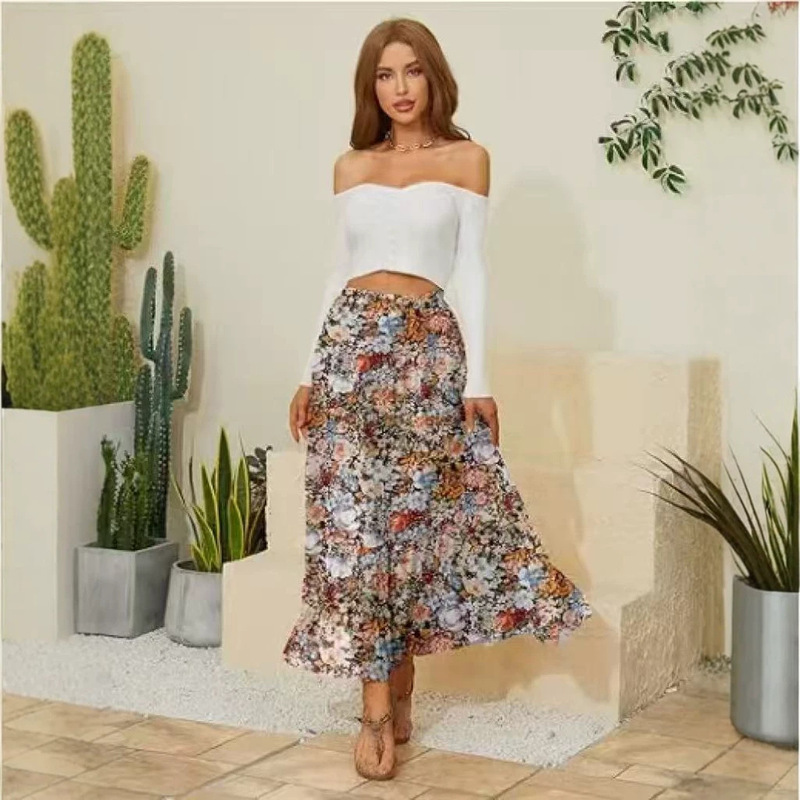 Cross-Border European and American New Style Holiday-Style Skirts, Small Floral Skirts, Large Flared Skirts, Printed Pleated Skirts, Women's Clothing