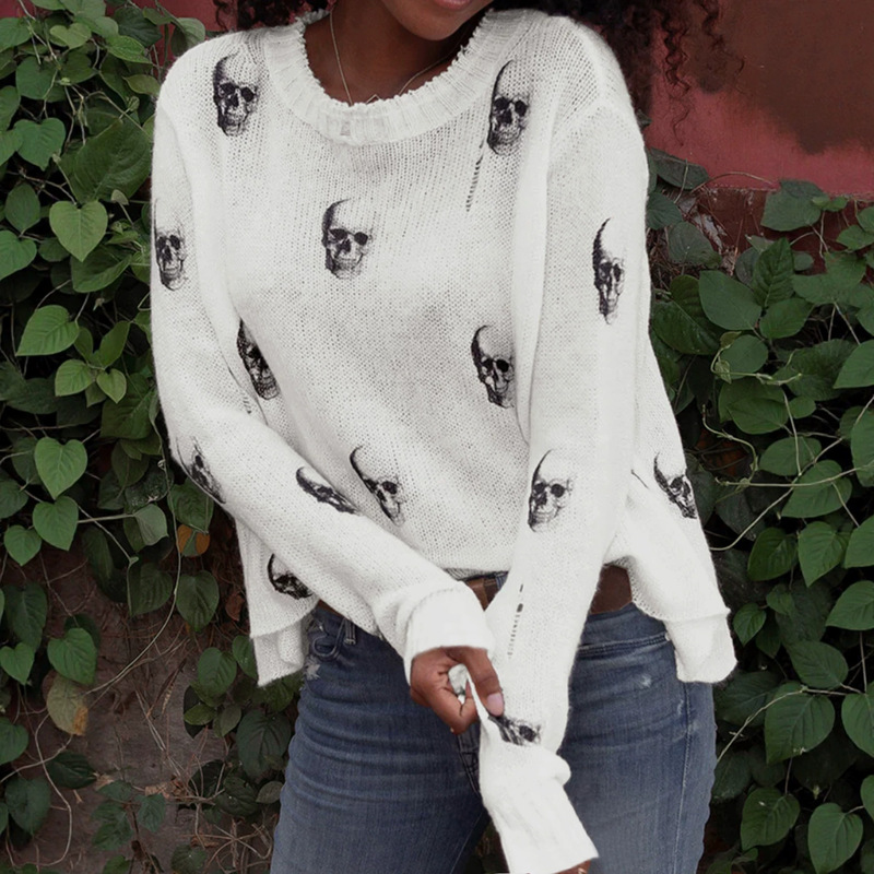 Foreign trade cross-border European and American Amazon source manufacturer Knitted round neck with skull decoration long sleeve casual spring and autumn