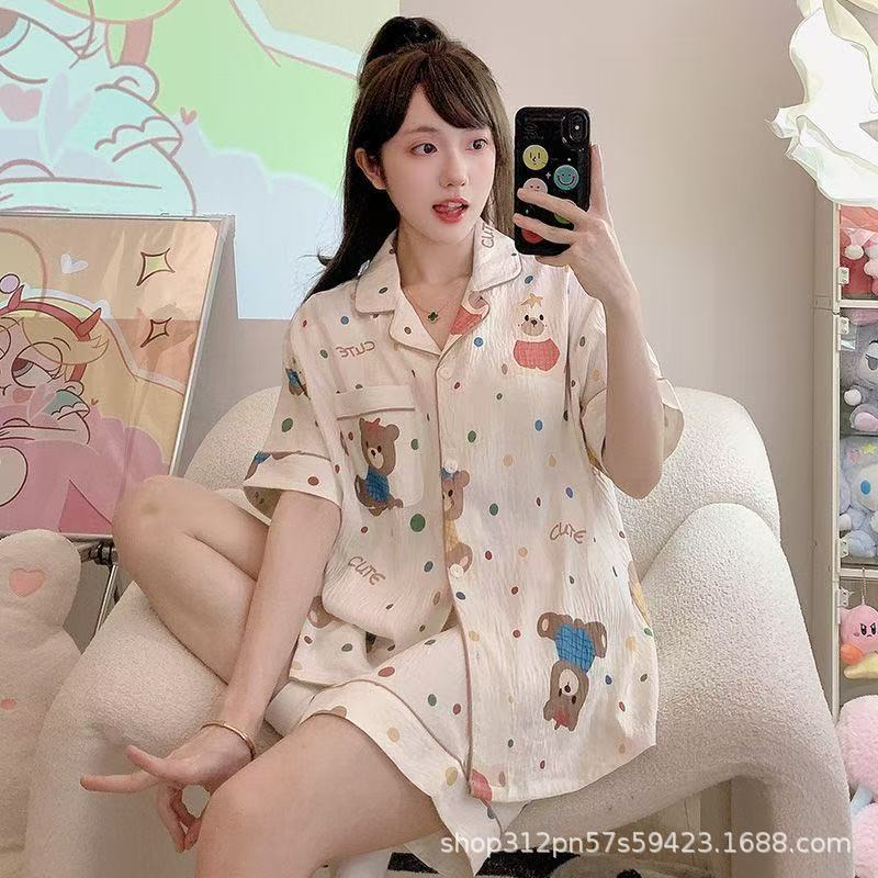 云朵棉短袖睡衣女夏季简约桃心印花夏天可外穿家居服套装跨境批发|undefined