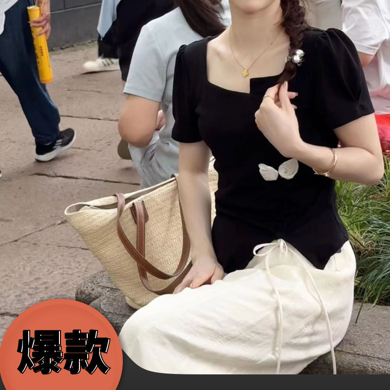 D2G夏セット女性フランスデザイン感不規則tシャツ上着が痩せている|undefined