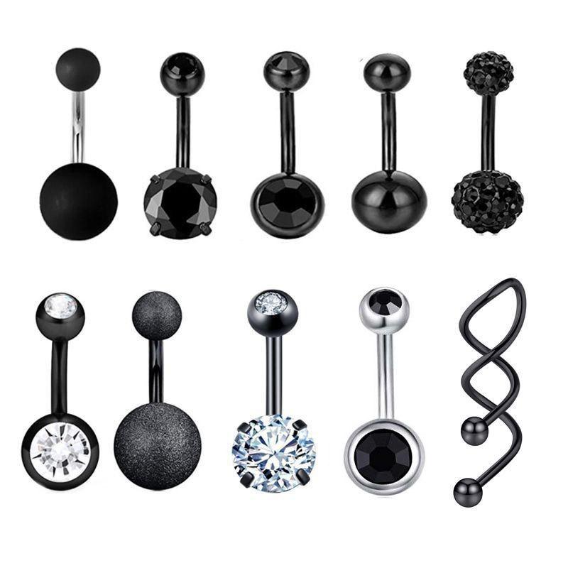 Modischer Bestseller: Edelstahl-Zirkon-Silberring-Set für Bauchnabelpiercing, schwarz, einfach zu tragen_voghion.com