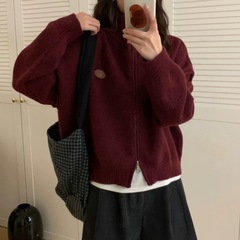 双拉链立领针织开衫女2025秋冬韩版宽松外套简约高级感毛衣外套