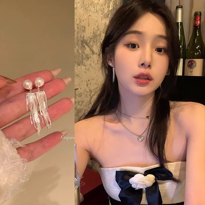 珍珠流蘇耳釘氣質小眾設計感高級耳飾女獨特耳環2024年新款