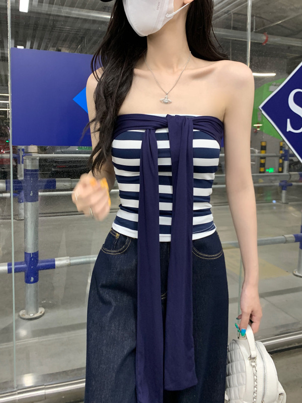 辣妹早秋套装女2025新款绑带条纹抹胸上衣搭配长袖防晒罩衫两件套|undefined