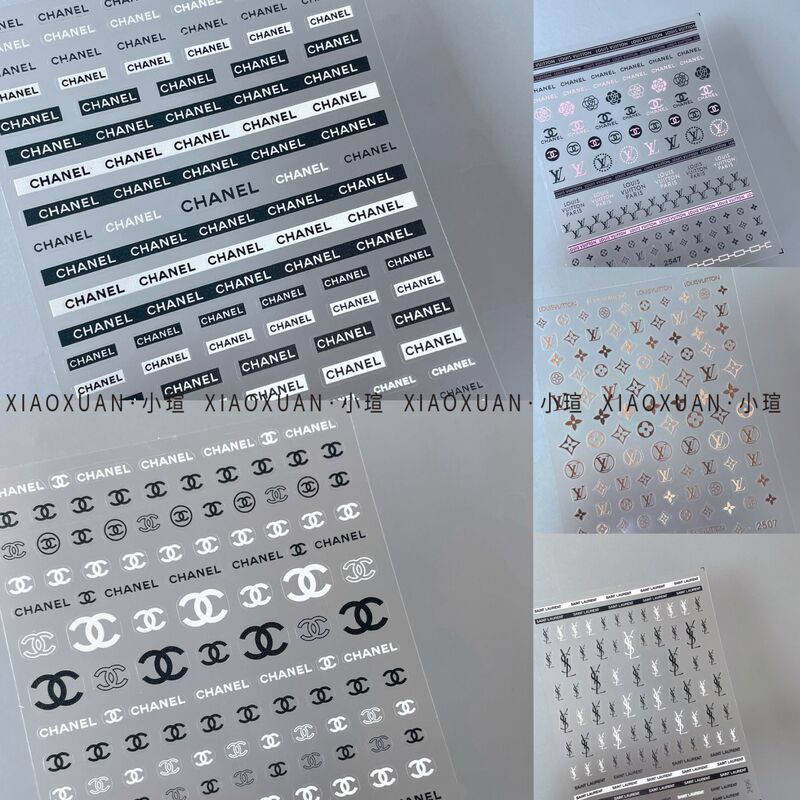 Trendy Brand Logo Nail Stickers Black and White Pink Japanese Style Thin Flexible Micro-Carving Chanel Popular Internet Celebrity Nail Decals