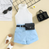 Brand solid top sleevless, mini-skirt, shorts, belt bag, shoulder bag, set, children's clothing, European style