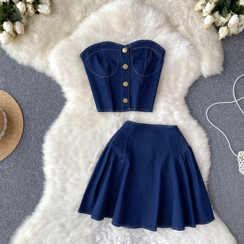 Sweet cool hot girl suit skirt women's summer short Denim tube top vest top two-piece high waist A- line skirt Sweet cool hot girl suit skirt women's summer short Denim tube top vest top two-piece high waist A- line skirt