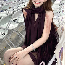 广州十三行 气质紫色无袖飘带雪纺罩衫透视上衣女吊带背心两件套