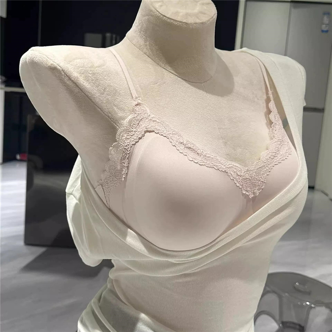 U Comfortable Lace Pullover French V-Neck Lace Women's Seamless Bra with Side Breast Support and Thin Shoulder Straps