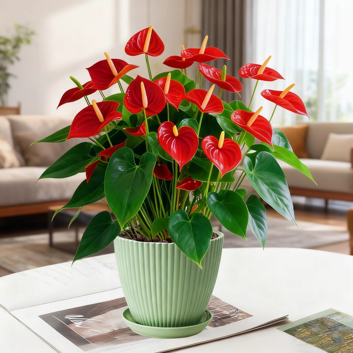 Anthurium potted plant [4-5 flowers] + simple green pot