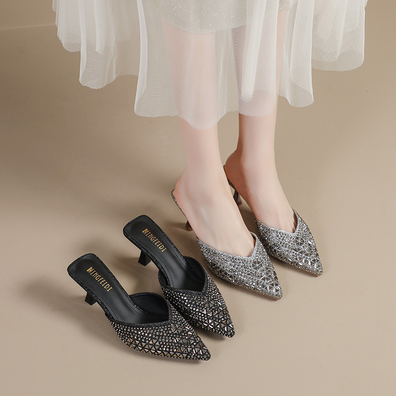 2026 nueva red de verano infrarroja con zapatillas de talón alto de diamante, zapatillas de cabeza de punta de mujer, zapatillas de media cabeza de paquete image 5