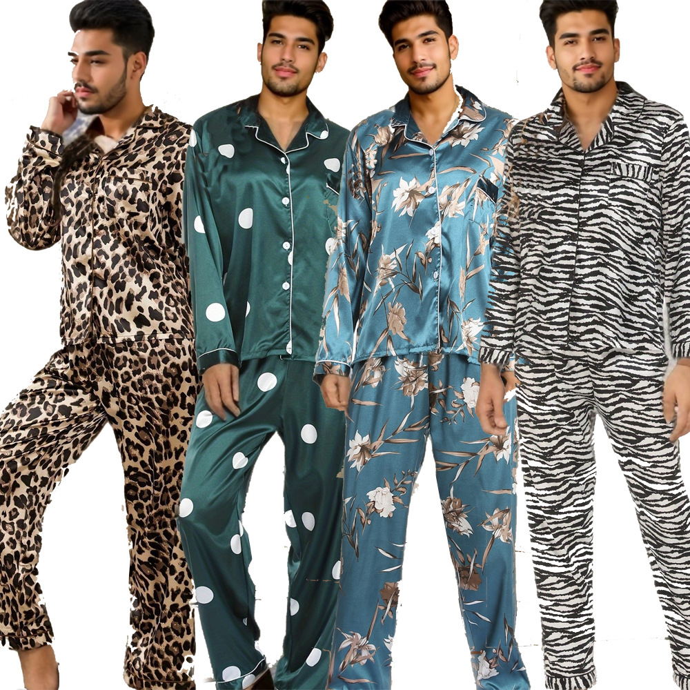 European and American Style Printed Loungewear for Men, Long-Sleeved and Long-Pants Satin Pajama Set, Two-Piece Luxury Loungewear