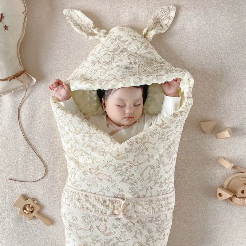 Детское одеяло для осени и зимы, новая модель, одеяло-шапочка, одеяло для роддома с принтом, одеяло для новорожденных, одеяло из марли с большими ушками для новорожденных, оптом