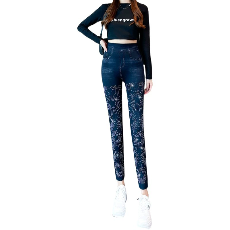 Весенние и осенние новые джинсы женские носить карандаши маленькие брюки с высокой талией тонкая и стройная леггинсы с девятью очками