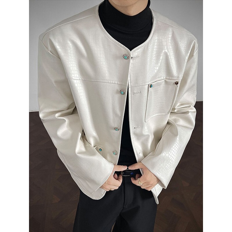 Black Crocodile-Patterned Collarless Leather Jacket for Men, Autumn Fashion, Trendy Brand Design, High-End Short Style, Regular Shoulder Leather Jacket Black Crocodile-Patterned Collarless Leather Jacket for Men, Autumn Fashion, Trendy Brand Design, High-End Short Style, Regular Shoulder Leather Jacket