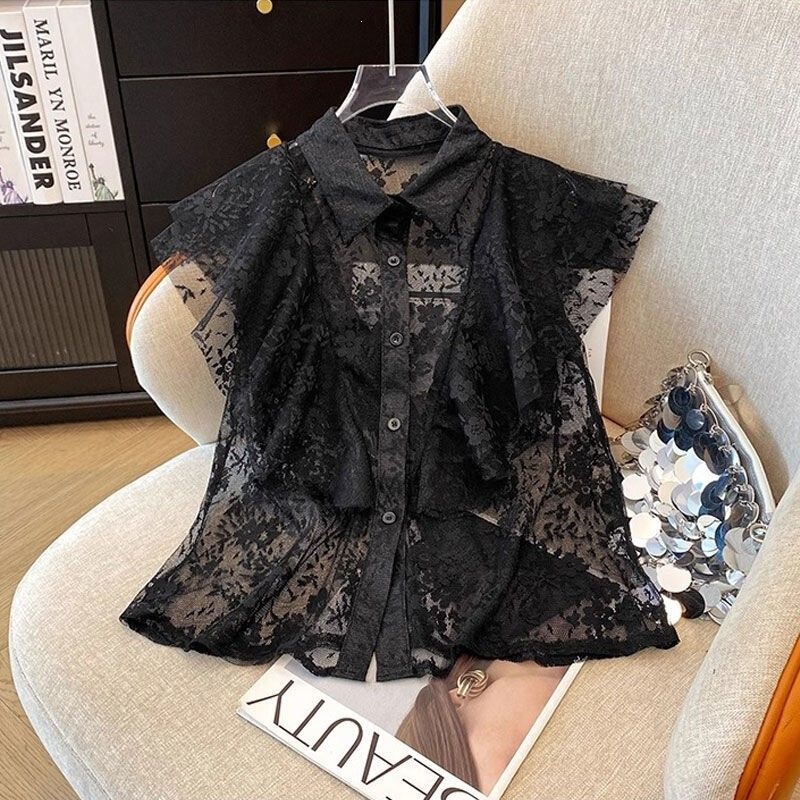 Lace Splicing French-Style Dynamic Bow Tie Short-Sleeve Shirt for Women, New Summer 2025 Model, Elegant and Sweet Casual Blouse