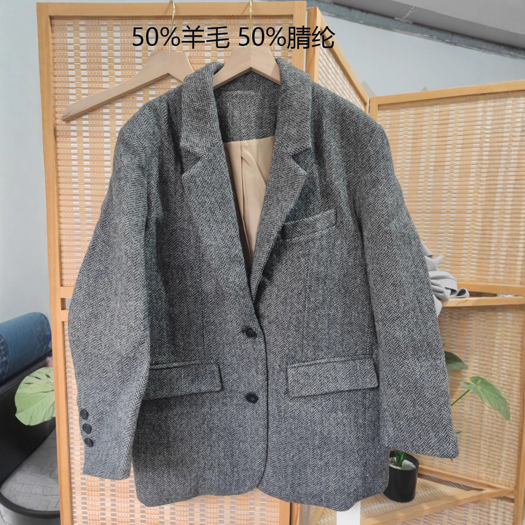 亏清日系时髦羊毛混纺牛角扣保暖宽松毛呢外套